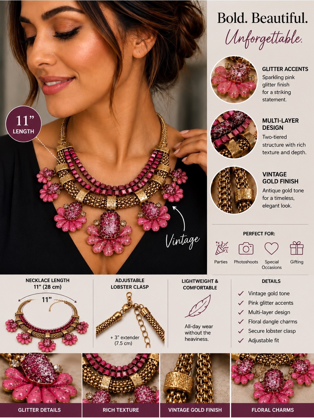 Pink Glitter Floral Statement Necklace - Vintage Gold Tone